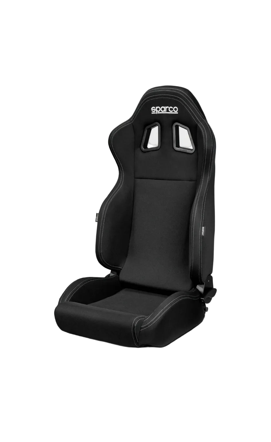 Black racing seat with Sparco branding on a white background